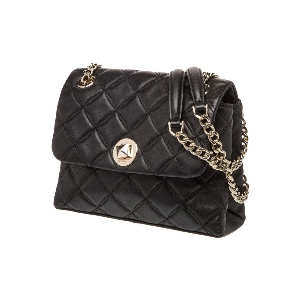 Kate Spade Natalia Small Quilted Shoulder Bag Black Faux Leather Gold Chain